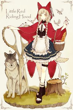 a little red riding hood is standing next to a wolf