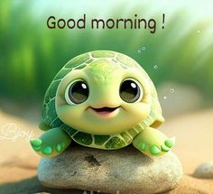 a little turtle sitting on top of a rock with the words good morning written above it