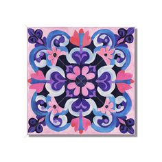 a pink, blue and purple square tile with an intricate design on the bottom corner