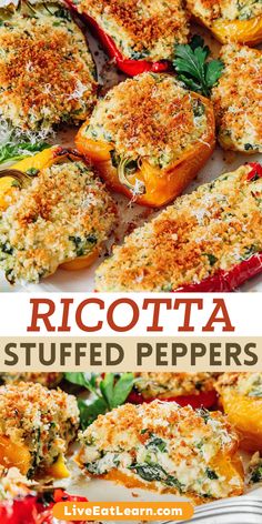 Photo of the cooked ricotta stuffed peppers with red, and yellow capsicums, and topped with cheese and breadcrumbs Ricotta Stuffed Peppers, Vegetarian Stuffed Peppers, Stuffed Peppers Recipe, Vegetarian Recipes Dinner Healthy, Vegetarian Casserole, Vegetarian Main Dishes