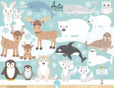 the arctic animals clipart is shown in various sizes and colors