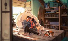 two people are sitting on a bed with a large white bear in the background and a cat laying next to them