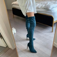 Size 36, Never Used Over The Knee Boots. Casual Blue Pointed Toe Boots, Chic Blue Pointed Toe Boots, Elegant Blue Spring Boots, Trendy Blue Suede Boots, Fitted Blue Boots For Fall, Trendy Fitted Light Blue Boots, Fitted Light Blue Pointed Toe Boots, Fitted Light Blue Winter Boots, Casual Blue Knee-high Boots