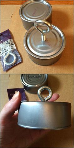 two pictures showing how to make an aluminum can with metal rings and magnets on it