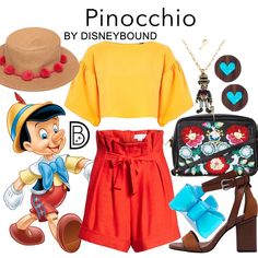 there are many items in this image including a hat, purse and shoes with the name pinocchio by disneybound