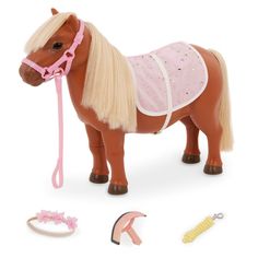 a toy horse with blonde hair and pink blanket on it's back, next to other toys