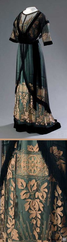 Circa 1910 dress by Mme. Percy, England. Aqua silk satin with cream embroidery, net, and black velvet. In the early 20th century, cultivated women regarded pastels and muted shades as refined and "lady-like." This aqua silk is muted by a layer of black net and ivory lace. Via Museum of the Fashion Institute of Technology. Cream Embroidery, Lana Turner, Greta Garbo