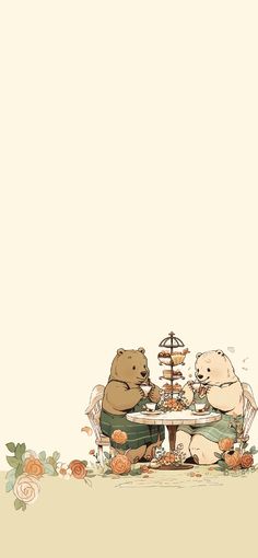 two bears are sitting at a table with food