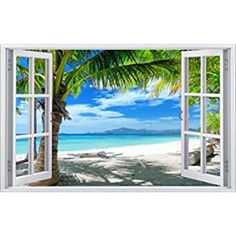 an open window with a view of the beach and palm trees on it's side