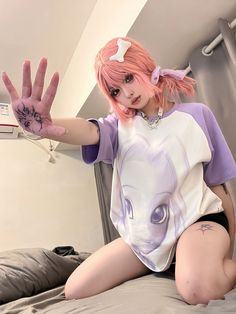 The price is for a T-shirt only, others are not included.  Garment Size   	 		 			Size 			S 			M 			L 			XL 		 		 			Full Length 			67 			69 			71 			73 		 		 			Bust 			106 			110 			114 			118 Y2k Crew Neck T-shirt With Character Print, Purple Cotton Y2k T-shirt, Kawaii Short Sleeve Tops With Letter Print, Purple Character Print Top For Streetwear, Harajuku Crew Neck Shirt With Cartoon Print, Spring Crew Neck Shirt With Character Print, Kawaii Character Print T-shirt For Spring, Purple Cartoon Print Top For Streetwear, White Y2k Anime Print T-shirt