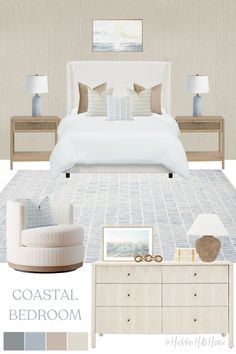 a bedroom is shown with neutrals and blue tones in the color scheme, along with white furniture