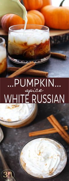 pumpkin white russian dessert with whipped cream and cinnamon sticks