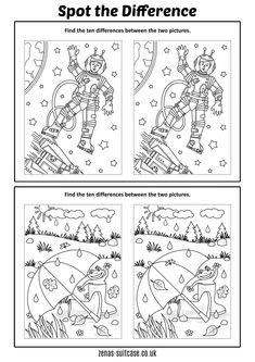 the spaceman coloring page is shown in black and white, with text that reads spot the