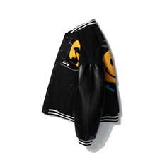 Smiley Black Varsity Jacket Vlone Clothing, Trendy Boy Outfits, Dope Outfits For Guys, Women Hoodies Sweatshirts, Vintage Streetwear, Cotton Jacket, Dream Clothes, Smiley Face, Leather Coat