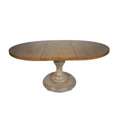 an oval wooden table with metal pedestals on the top and base, against a white background