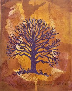 a painting of a tree with blue leaves on it's branches and yellow background