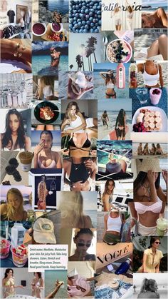 the collage shows many different pictures and words on it, including images of women in bikinis