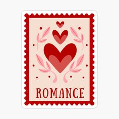 a postage stamp with hearts and the word romance on it sticker is shown in red