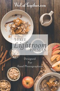 three bowls filled with food sitting on top of a wooden table next to an apple