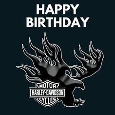 a motorcycle birthday card with an eagle and flames on the front, reads happy birthday motor harley davidson cycles