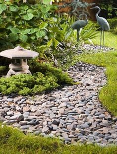 some birds are standing in the grass near a rock path with rocks and stones on it