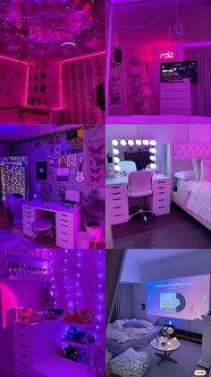 this is a collage of photos with purple lighting in the room and on the wall