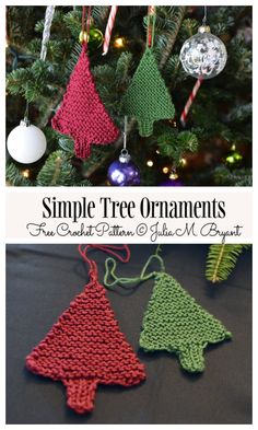 crocheted christmas ornaments hanging from a tree with text overlay that says, simple tree ornaments