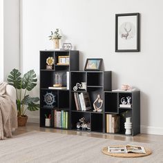 a living room filled with furniture and a book shelf next to a plant on top of a hard wood floor