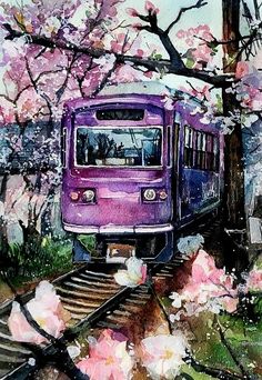 a watercolor painting of a purple train going down the tracks with blossoming trees in the background