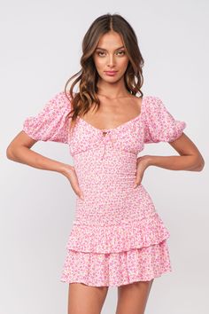 Floral Puff Sleeve Mini Dress Preppy Floral Dress, Boho Pink Dress, Valentines Dresses, Pink Spring Dress, Pink Dress Summer, Spring Mini Dress, Cute Spring Dresses, Pink Spring Dresses, Summer Mini Dresses