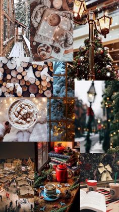 a collage of photos with christmas trees, lights, and food on it's sides