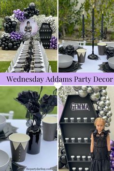 this is a collage of black and white party decorations with candles, plates, and cups