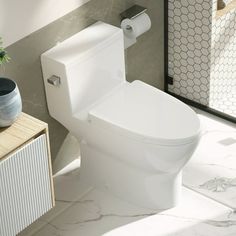 a white toilet sitting in a bathroom next to a plant