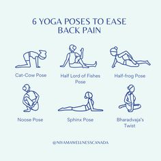 the 6 yoga poses to ease back pain, with instructions on how to do it