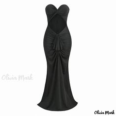 Olivia Mark - Sophisticated Twisted Sweetheart Ruched Draped Ruffle Cutout Maxi Mermaid Evening Dress Black Draped Dress With Ruffles, Black Draped Prom Dress, Black Ruched Draped Dress, Black Pleated Draped Dress, Black Draped Dress With Ruched Back, Black Backless Dress With Ruched Bodice, Fitted Black Draped Dress, Mermaid Evening Dress, Mermaid Evening Gown