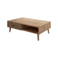 a wooden coffee table with drawers on one side and an open drawer on the other