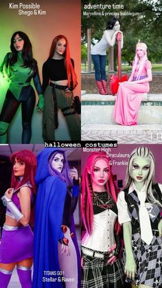 four different pictures of women dressed in costumes and hair, with text overlaying them