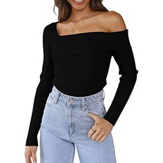 Black Off Shoulder Long Sleeve Knit Sweater Black Knitted Tops For Fall, Sweaters Fall, Black Off Shoulder, Fun Pants, Sweater Fits, Long Sleeve Pullover Sweater, Long Sleeve Knit Sweaters, Autumn Fashion Casual, Sweater Brands