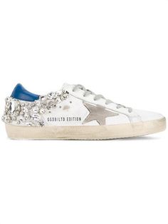 Golden Goose Deluxe Brand Special Edition Sneakers are a cult classic and these crystal embellished Super Star low-tops are instantly recognisable. Manufactured in Italy from leather, their white colourway will give any look guaranteed star quality. These iconic Golden Goose Deluxe Brand shoes feature an almond toe, a contrasting heel counter, signature distressed effects, a distinctive star patch to the side, a rear logo stamp, a lace-up front fastening and a flat rubber sole. Size 35 EU Countr White Low-top Sneakers With Rhinestone Rivets, Goose Design, Leopard Print Boots, Brand Sneakers, Leopard Print Sneakers, Golden Goose Sneakers, Sole Sneakers, Golden Goose Shoes, Golden Goose Deluxe Brand