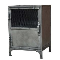 a metal cabinet with a door on the front and bottom, sitting against a white background