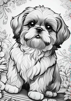 a black and white drawing of a dog sitting on top of a flower covered ground