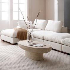 a living room with white couches and a coffee table in the middle, on top of a rug