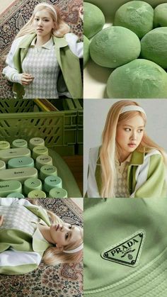 a collage of photos with green balls and a woman wearing a white top, sitting in front of them