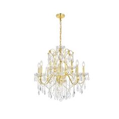 a gold chandelier with crystal drops hanging from it's center and bottom