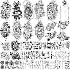 an assortment of temporary tattoos on white paper with flowers and butterflies in the center,