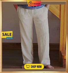 Men's Linen Pants Trousers Summer Pants Beach Pants Drawstring Elastic Waist Plain Breathable Soft Casual Daily Holiday Linen / Cotton Blend Fashion Streetwear Black White Micro-elastic Straight Leg Pants With Pockets For Beach Season, Straight Leg Pants For Beach, Non-stretch Pants With Pockets For Beach, Non-stretch Beach Pants With Pockets, Relaxed Fit Solid Color Beach Pants, Straight Solid Color Pants For Beach Season, Solid Color Trousers For Beach Season, Solid Straight Pants For Beach Season, Solid Straight Beach Season Pants