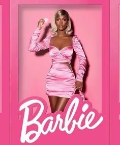 a woman in a pink dress with the word barbie on it