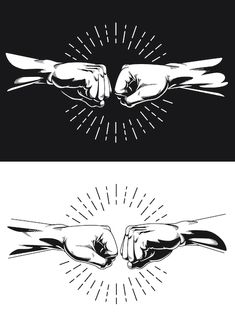 two hands holding each other in the air with sunbursts above them and below