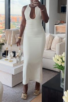 Material Polyester Style Casual Party Elegant Pattern Type Plain Neckline U Neck Silhouette Sleeveless Dress Sleeve Style Tank Fit Type Regular Type Solid Color Size(in) Bust Waist Hips Dresses Length S 30.7 26.8 37.8 53.5 M 32.3 28.3 39.4 53.9 L 33.9 29.9 40.9 54.3 XL 35.4 31.5 42.5 54.7 2XL 37 33.1 44.1 55.1 3XL 38.6 34.6 45.7 55.5 Size(cm) Bust Waist Hips Dresses Length S 78 68 96 136 M 82 72 100 137 L 86 76 104 138 XL 90 80 108 139 2XL 94 84 112 140 3XL 98 88 116 141 Tips: Due to the many va White Bodycon Sleeveless Evening Dress, White Sleeveless Bodycon Dress For Evening, Sleeveless Backless Dress For Evening In Spring, Sleeveless Backless Dress For Spring Evenings, White V-neck Halter Dress For Party, Casual Backless Halter Dress For Party, White Sleeveless Backless Dress For Date Night, Chic Sleeveless Stretch Backless Dress, Chic Bodycon Sleeveless Maxi Dress