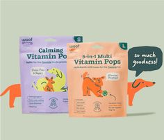 three bags of vitamin pops with an orange and purple dog on the side, one bag has